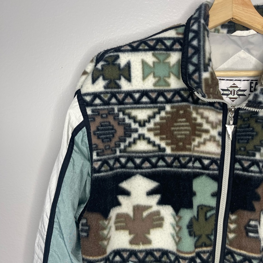 Vintage East West Aztec Teal Brown White Fleece Nylon Windbreaker Size Medium - Picture 2 of 8